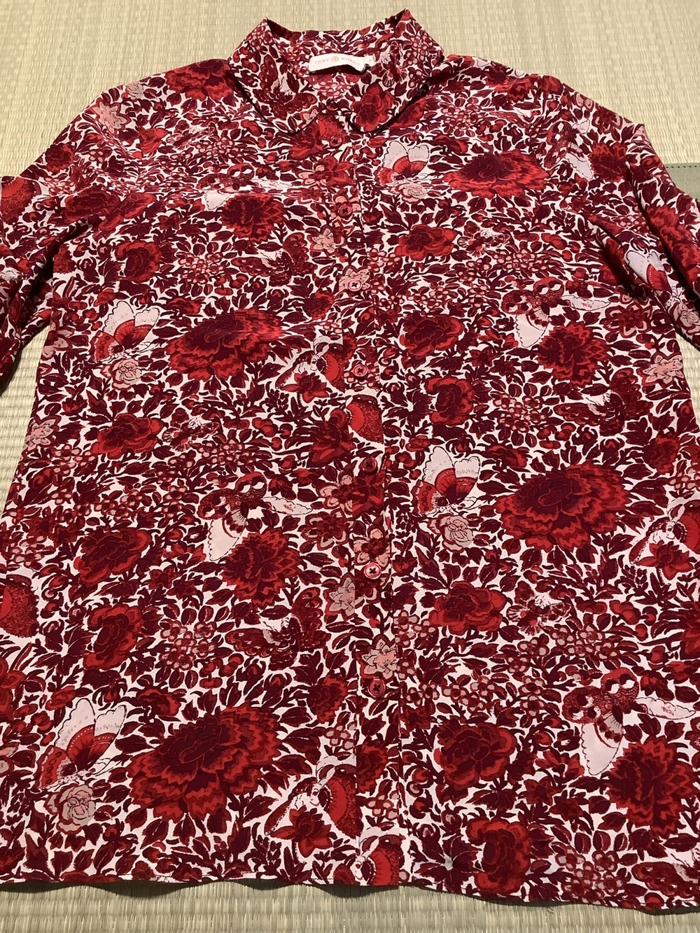 Tory Burch Silk Floral Blouse Size Small Long Sleeves Button Up Butterflies